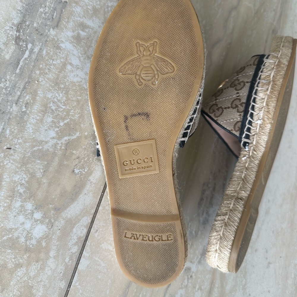 Gucci Brown Monogram Espadrille Slide Sandals with Gold Double G - Picture 6 of 8